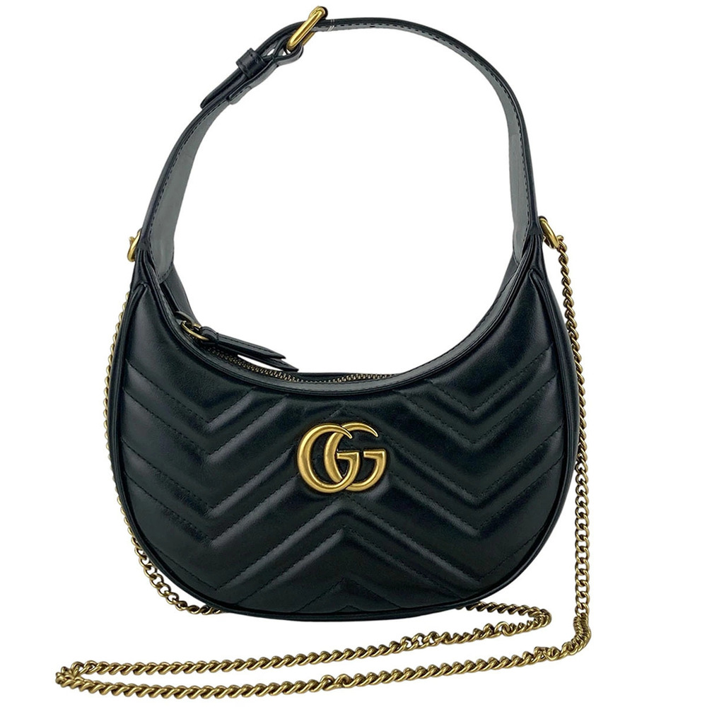 GUCCI GG Marmont Half Moon Shaped Handbag Shoulder Bag Leather Black